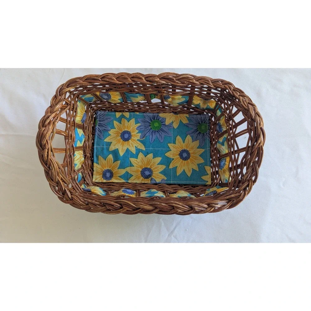 Brown Wicker Basket with Sunflower Fabric Liner Rectangular Storage with Handles